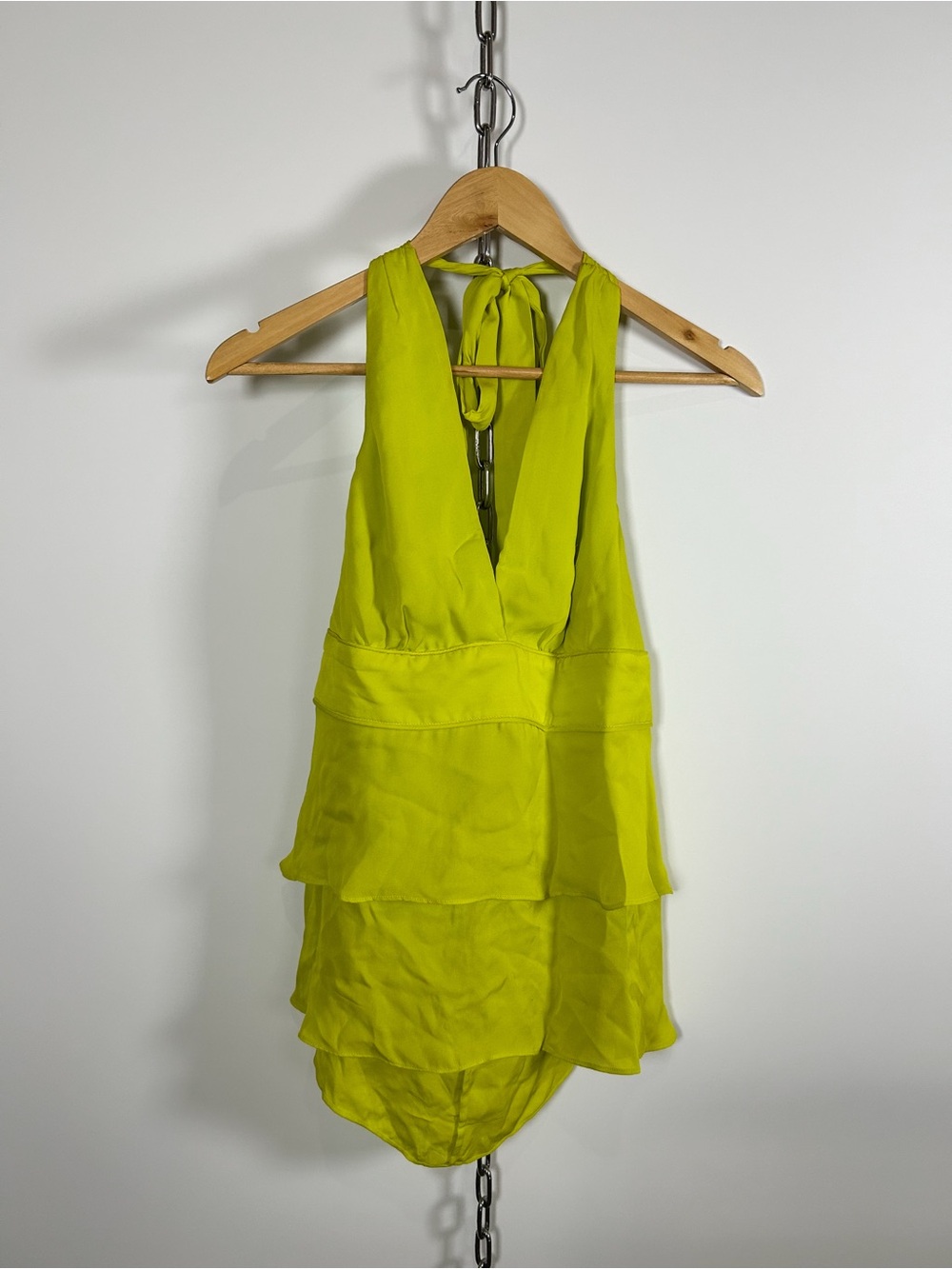 Artelier Nicole Miller 100% Silk Chartreuse Ruffle Halter Top